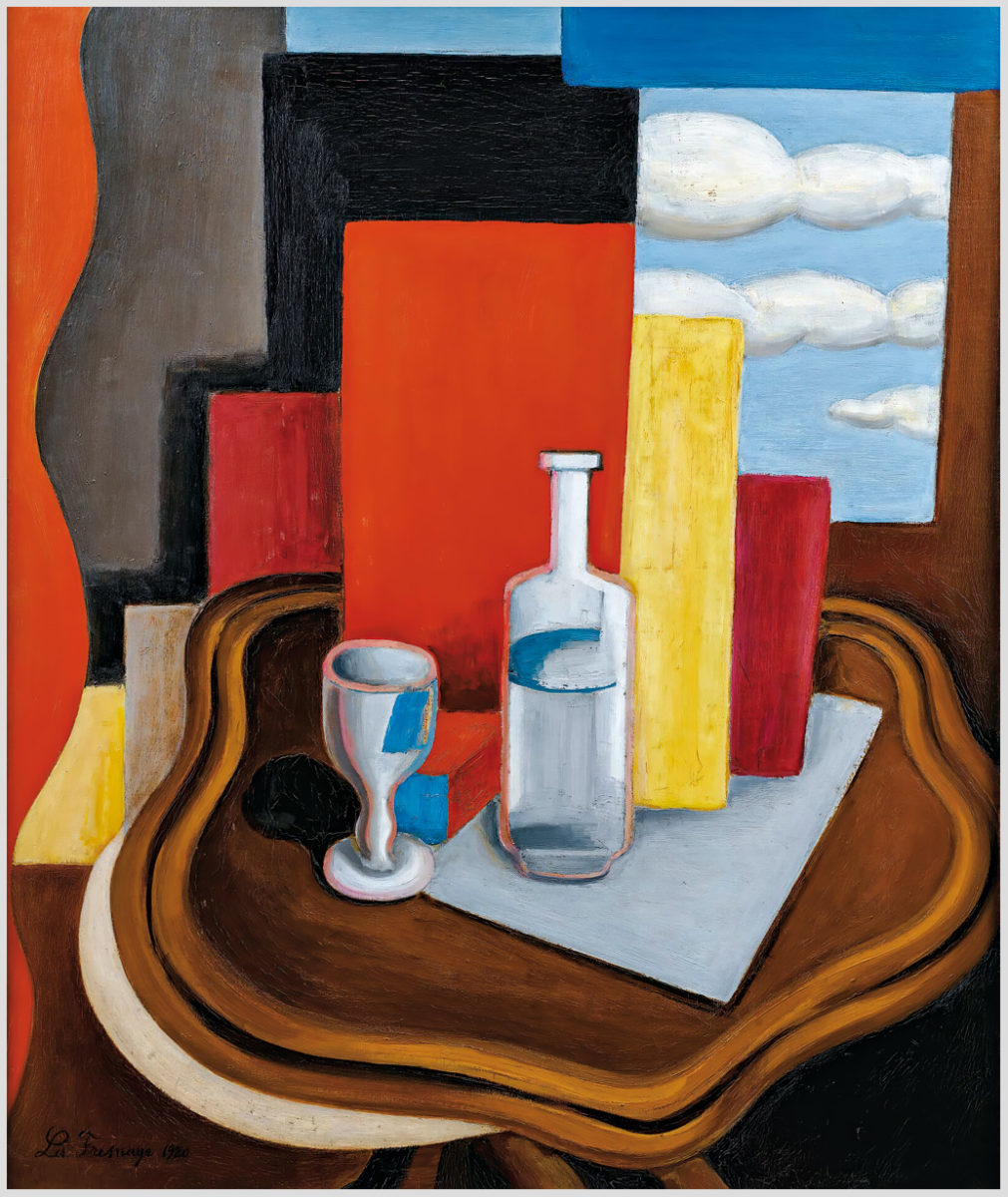 Kubistisches Akustikbild-Motiv von Roger de La Fresnaye mit dem Titel "Louis-Philippe Tisch mit Flasche und Glas"