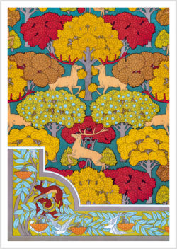 Akustikbild mit einem Motiv von Maurice Pillard Verneuil mit dem Titel "Hirsche und Bäume, Eichhörnchen, Vögel und Eberesche"