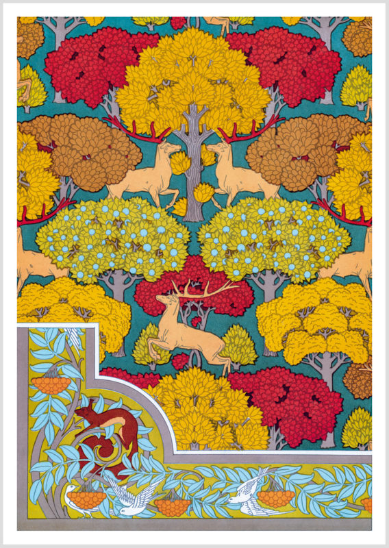 Akustikbild mit einem Motiv von Maurice Pillard Verneuil mit dem Titel "Hirsche und Bäume, Eichhörnchen, Vögel und Eberesche"